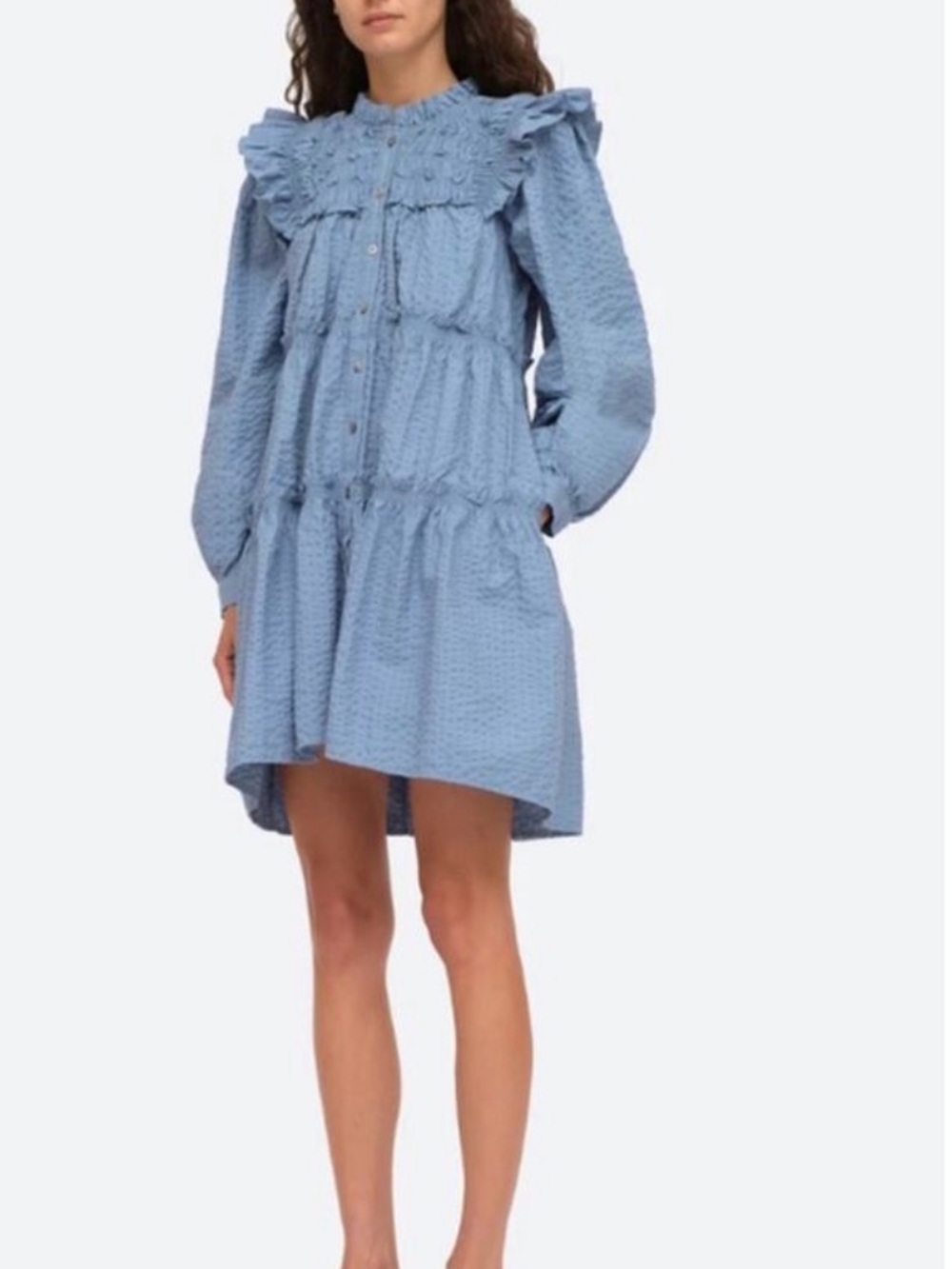 Sea New York Light Blue Textured Ruffle Yoke Mini Dress
